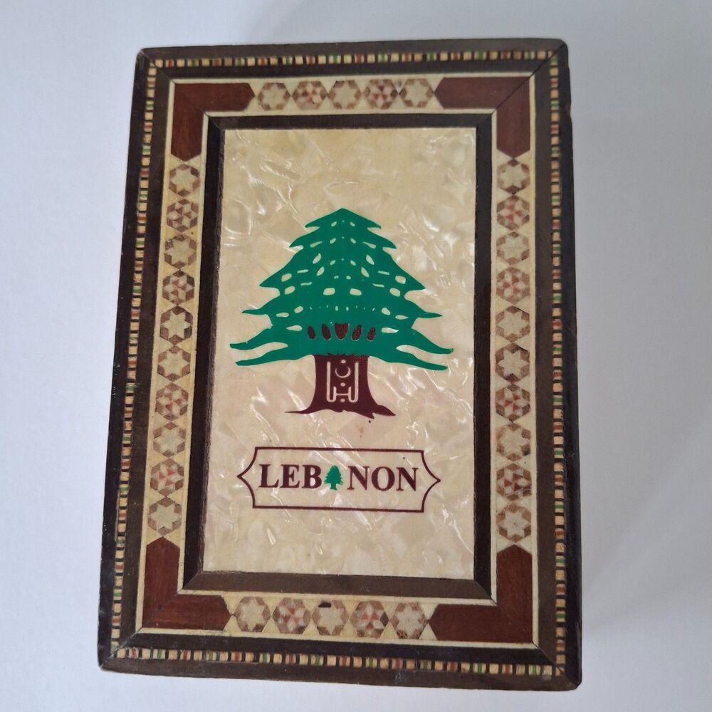 Vintage Handcrafted Lebanese Keepsake Colored Cedar Mosaic Mother Of Pearl Inlay